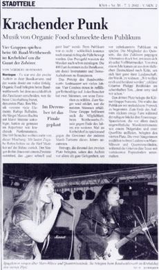 K&ouml;lner Stadtanzeiger &uuml;ber den Band-Kontest am 01.03.2002 im Krebelshof. Narcotic spielten mit Organic Food, Entropy und Spacelemon